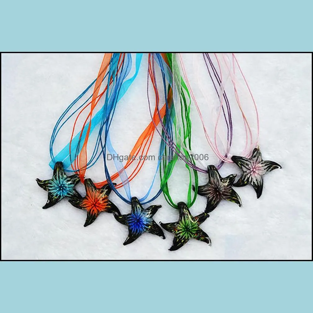 fashion wholesale 6color necklaces handmade murano lampwork glass mix color inner flower starfish pendants necklace