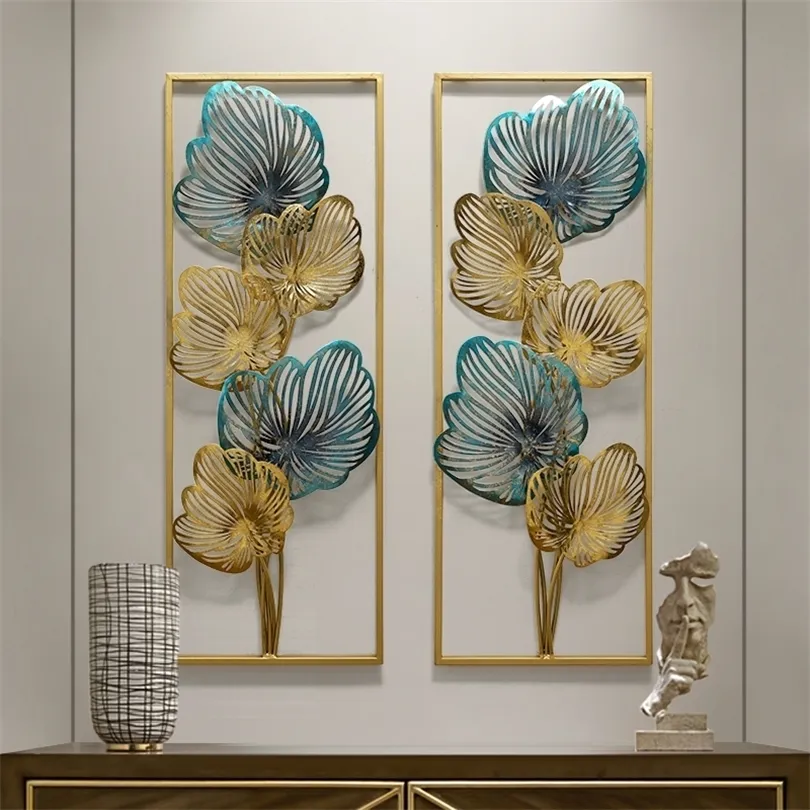 Ny kinesisk lyxig smides järnblå guldbladvägg hängande hantverk hem vardagsrum soffa bakgrund vägg klistermärke väggmålning t200421