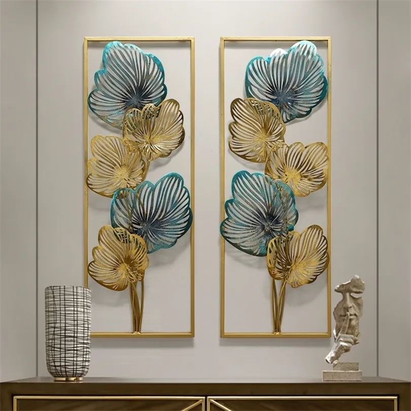 New Chinese Luxury Wrought Iron Blue Gold Leaf Wall Hanging Crafts Home Livingroom Sofa Background Wall Sticker Mural Decoration T200421