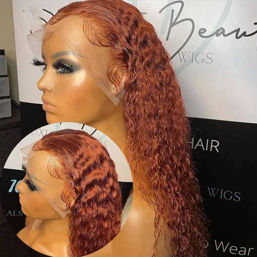 Perruque Lace Front Wig brésilienne Orange gingembre, perruque synthétique bouclée profonde pré-épilée 13x4 pour femmes noires/blanches