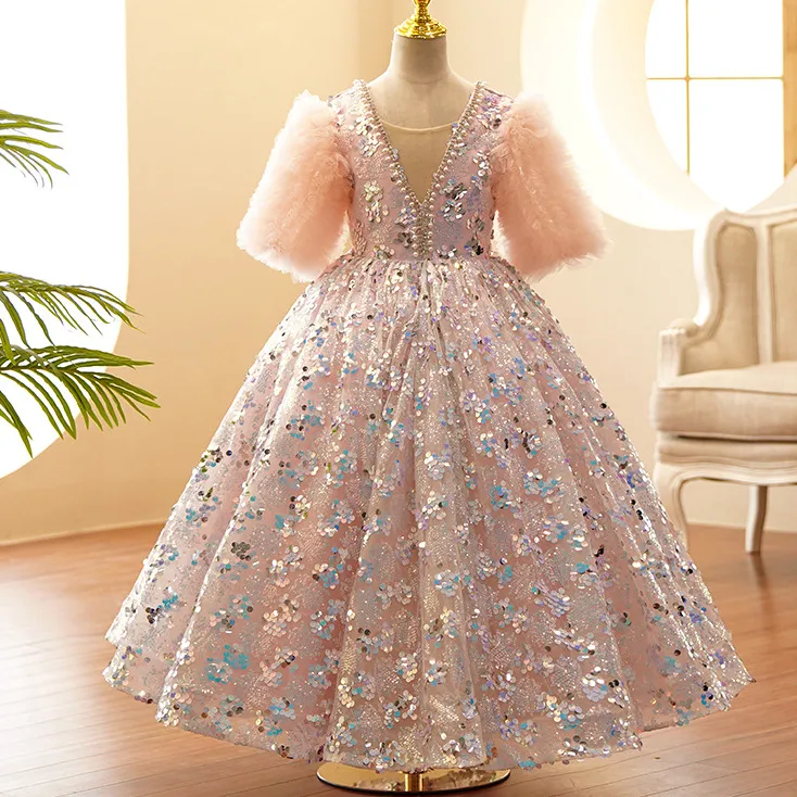 2022 Bling Beaded Crystal Flower Meisjes Jurken voor Bruiloft Tulle Vloer Lengte Strand Meisje Pageant Party Lovertjes Toga Tule Rok Formal Kids Draag