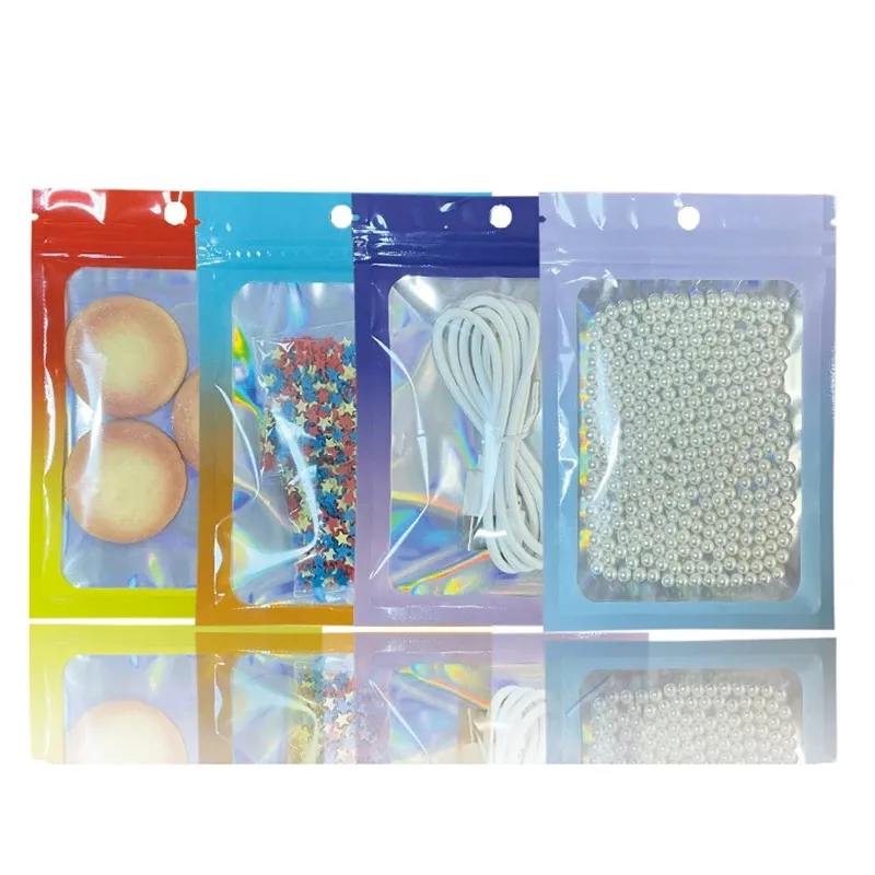 100pcs lot Laser Aluminum Foil Plastic Bag Color Gradient Food Sealing Bags Transparent Zipper Packaging Pouch