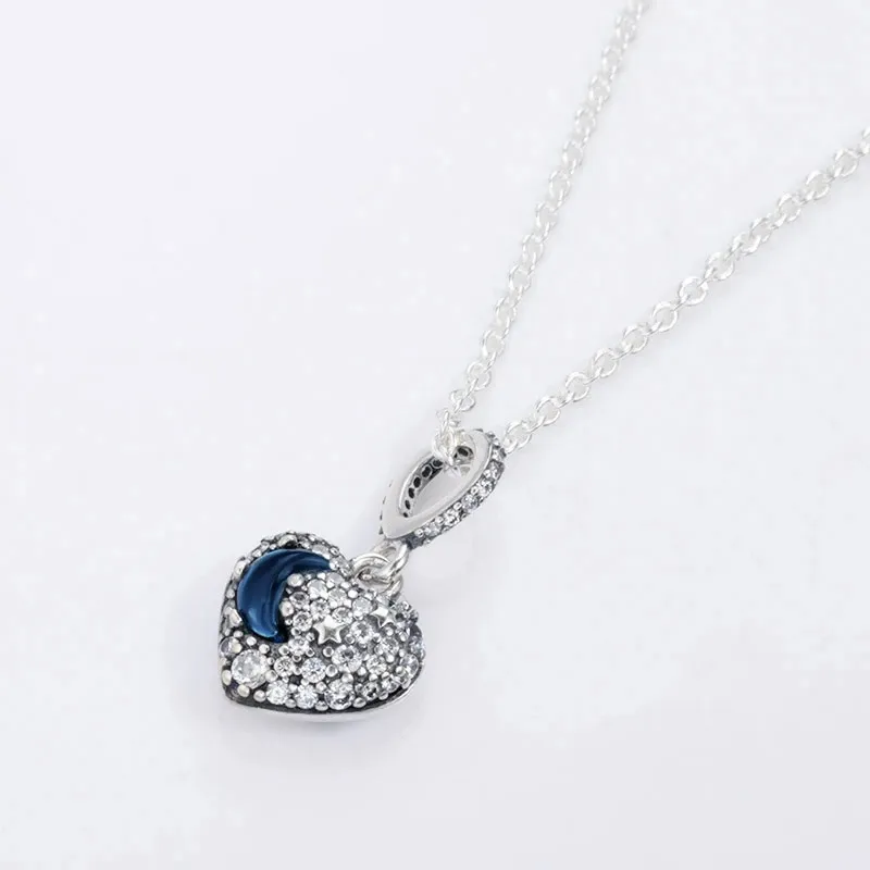 925 Sterling Silver Sparkling Blue Moon and Stars Heart Necklace Chain For Women Men Fit Pandora Style Necklaces Christmas Gift Jewelry 399232C01-50