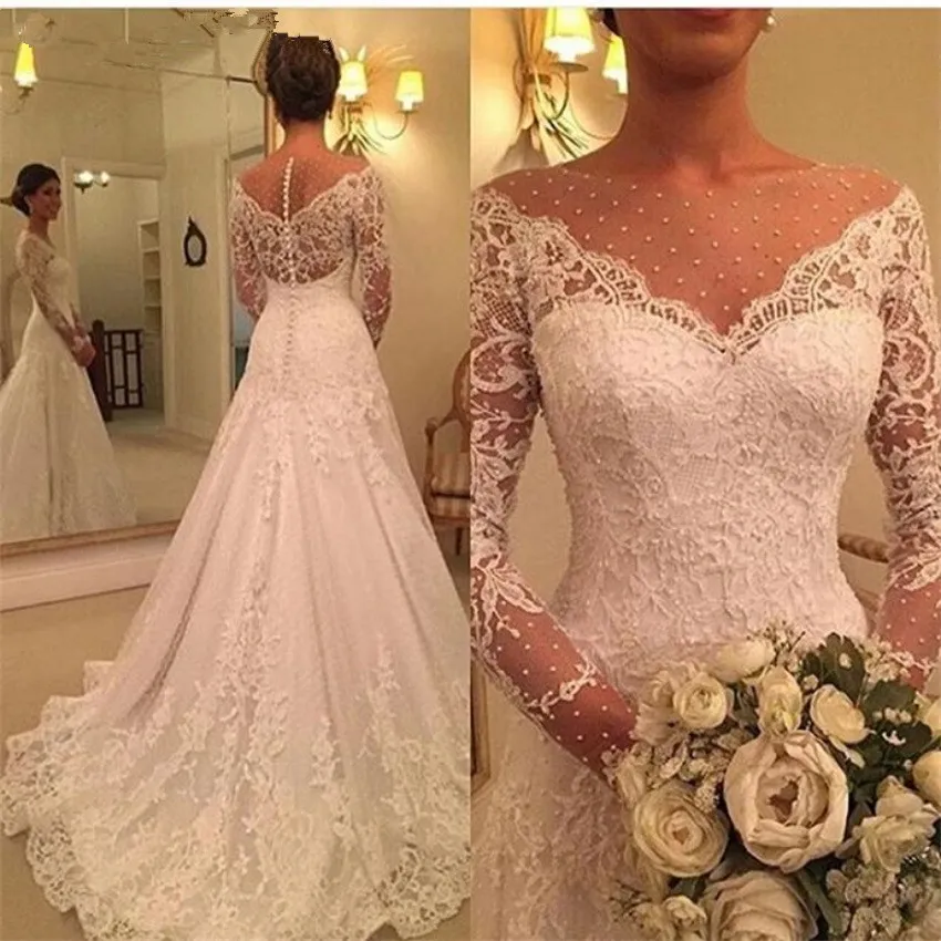 New Style v Neck Lace Mermaid Dresses Orge Back Long Sleeve Bride Bride Desterns Bride Party Brust Vestidos de Noiva