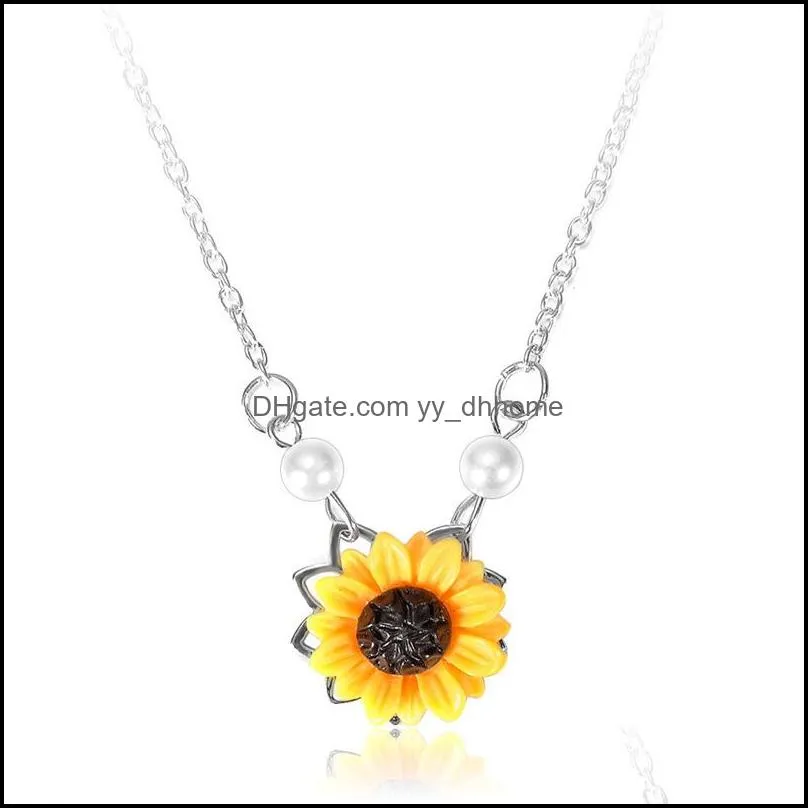 Sweet Sunflower Imitation Pearl Sweater Necklaces Pendants Yellow flower Pendant Jewelry Necklace for Women