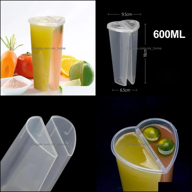 2020 Heart Shaped Double Share Cup Transparent Plastic Disposable Cups with Lids Milk Tea Juice Cups for Lover Couple