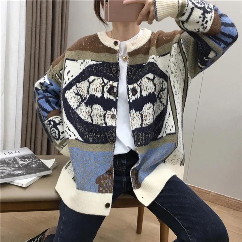 Femmes Tricots T-shirts Femmes Couleur Bloc Rétro Jacquard Totem Tricot Cardigan Veste Pull Adulte Abstrait Motif À Manches Longues Col Ras Du Cou Cardig