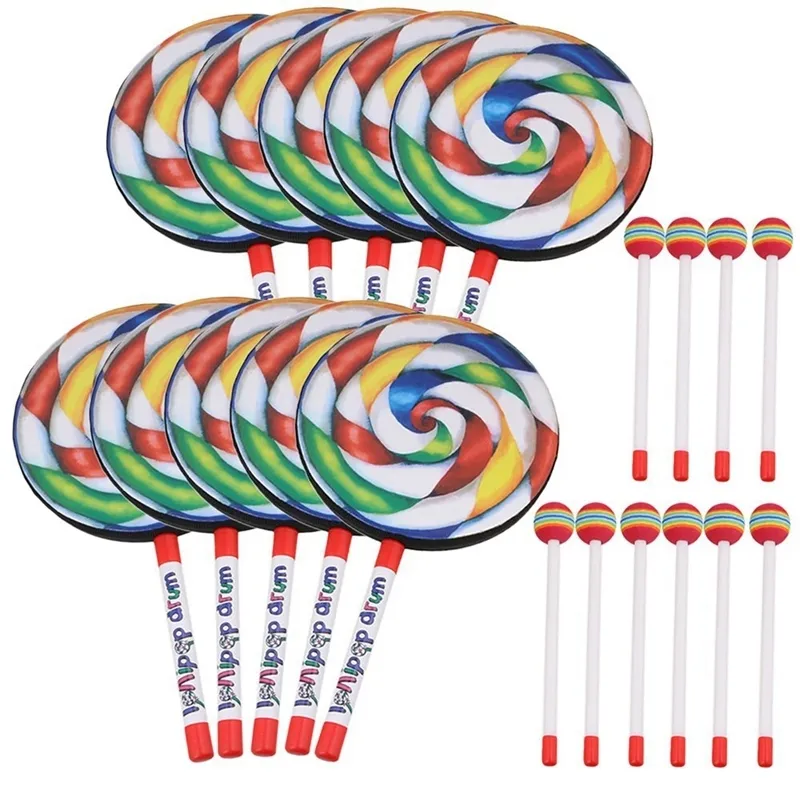 10pcs 7,9 cala bębna kształtu Lollipop z Rainbow Color Mallet Music Rhythm Instruments Dzieci dzieci bawiące się zabawki 220706