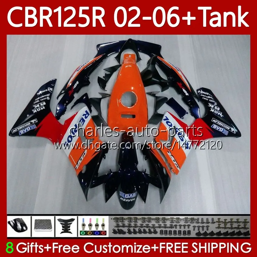 Body +Tank cover For HONDA CBR-125R 125CC CBR125RR CBR 125 R CC 02-06 Bodywork 124No.0 CBR-125 CBR125R 02 03 04 05 06 CBR 125R 2002 2003 2004 2005 2006 Fairing Repsol Orange