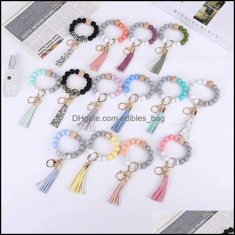 14 colors silicone key ring bracelet beaded wrislet keychain portable house car keys holder with tassel keyring bangle for women girl keychains wristlet