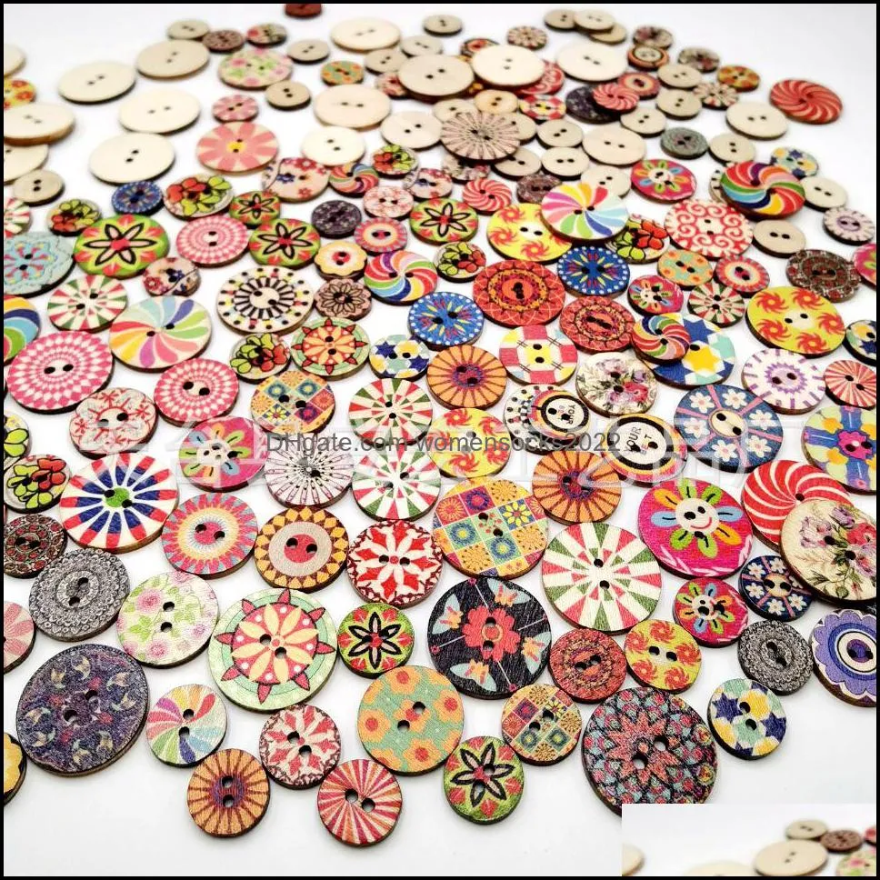 Sewing Notions Mixed Random Flower Painting Round 2 Holes Vintage Wood Buttons for DIY Scrapbooking Crafts Clothing Accessories 20mm