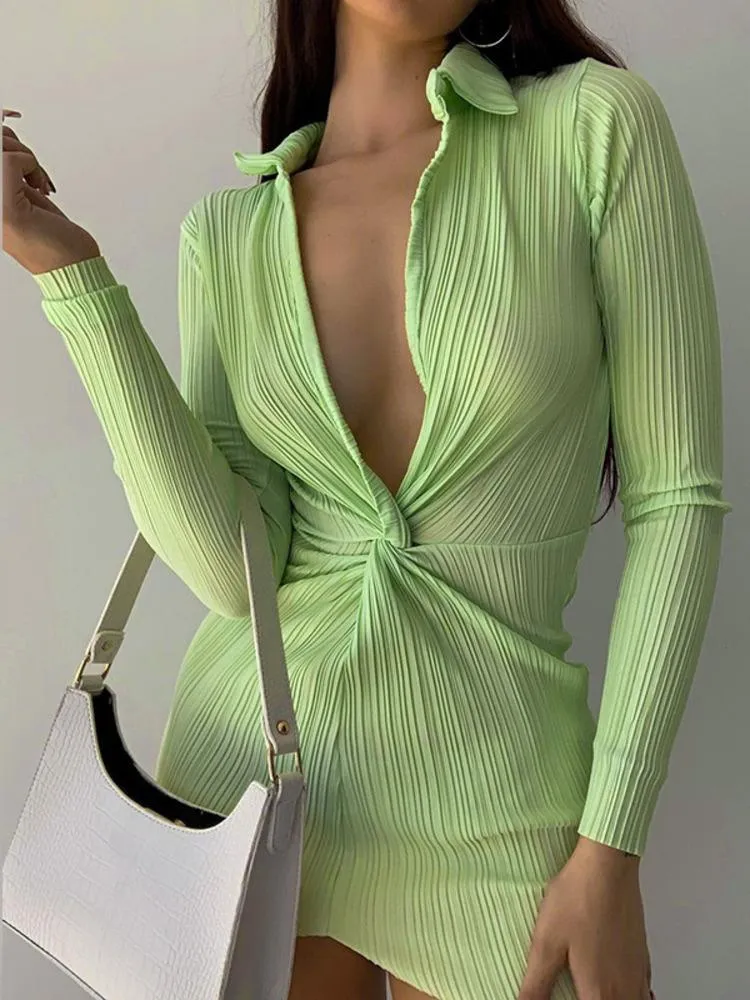 Casual Dresses Summer Long Sleeve Bodycon Dress for Women Cotton Turn-Down Neck Green Twist Mini Sexig Club Office Girl CasualCasual