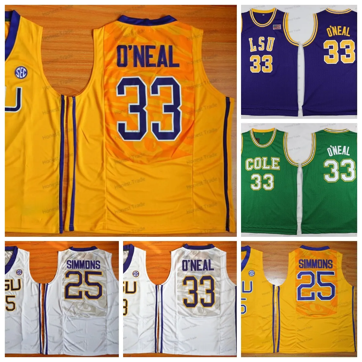 Ncaa Lsu 33 Ben Shaq Maillot de basket-ball violet 25 Simmons Maillot de basket-ball universitaire pour hommes Jaune Ed Bonne qualité