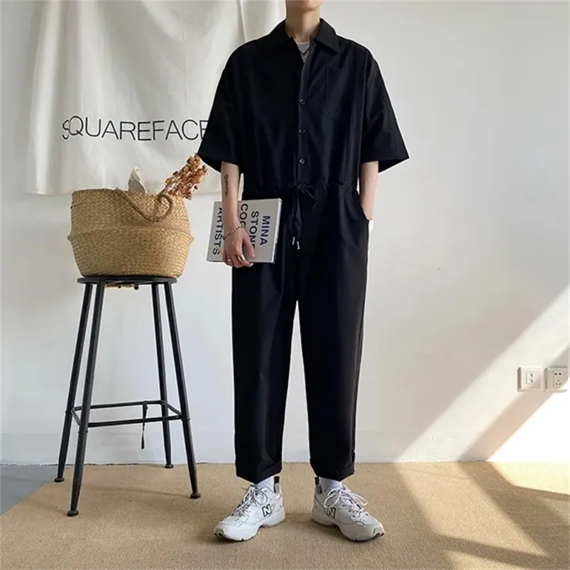 Men's Pants Overalls Jumpsuits Summer Fashion Casual Nine Point Cargo Japanese Retro Male Clothes Couple Loose Solid Color Suit 220827