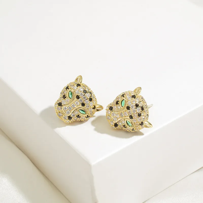 Korean S925 silver needle micro-set zircon leopard head stud earrings women luxury plated 18k gold temperament earring jewelry