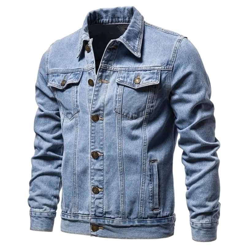 Cotton Denim Jacket Men 캐주얼 한 단색 옷깃 싱글 가슴 청바지 재킷 남성 가을 슬림 핏 품질 남성 재킷 201218