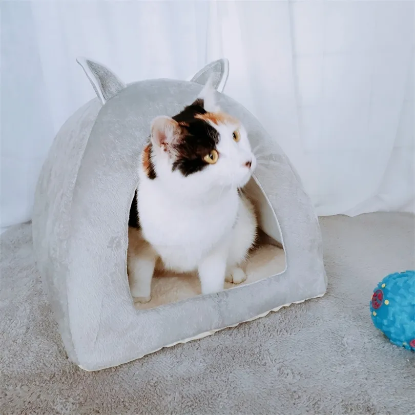 Dropshipping Pet Dog Bed Indoor Kitten House Warm Small for Dogs Nest Collapsible Dog Cave Sleeping Plush Mats Hand Wash 210224