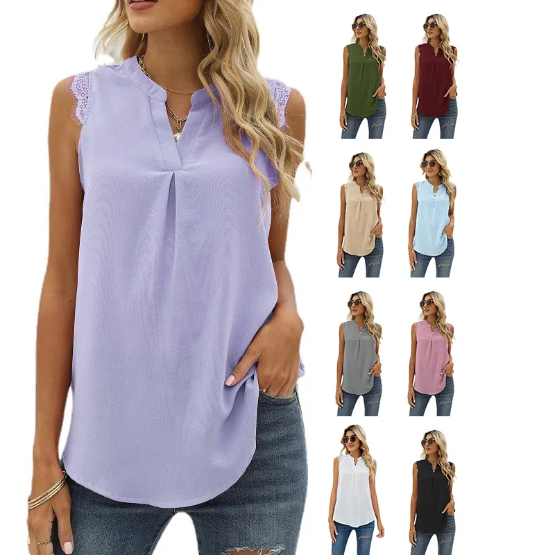 Women's Blouses Shirts European and American clothing spring summer new solid color loose V-neck sleeveless lace