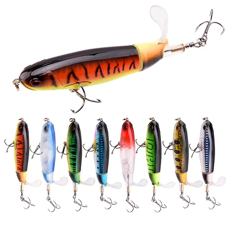 8Pcs Whopper Plopper 10Cm/14Cm Floating Per Fishing Lure Artificial Hard Bait Wobbler Rotating Tail Fishing Tackle 3D Eyes 220409