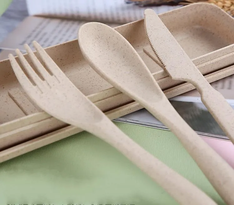 Wheat Straw Knife Fork Spoon Set Student Portable Tableware Box Cake Dessert Spoons Fruit Forks Travel Tableware SN4406