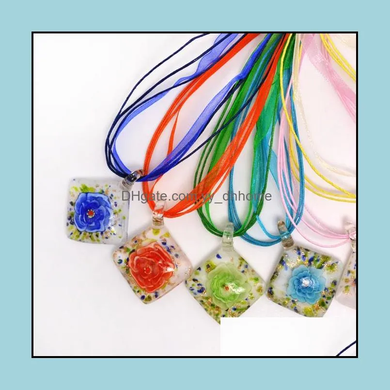 mix color necklaces handmade square shape lampwork murano glass inner flower pendant necklace fashion