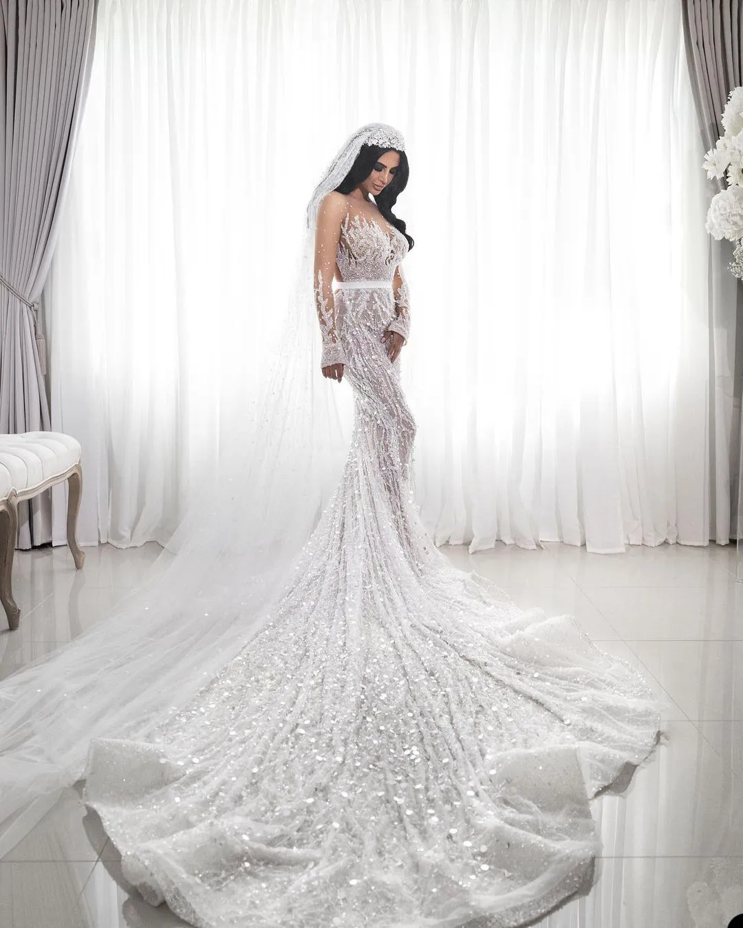 sparkly beaded wedding dresses mermaid sparkling mermaid wedding dress Luxury Beaded Mermaid Wedding Gown Strapless with Detachable Straps, Ivory / 2-custom size