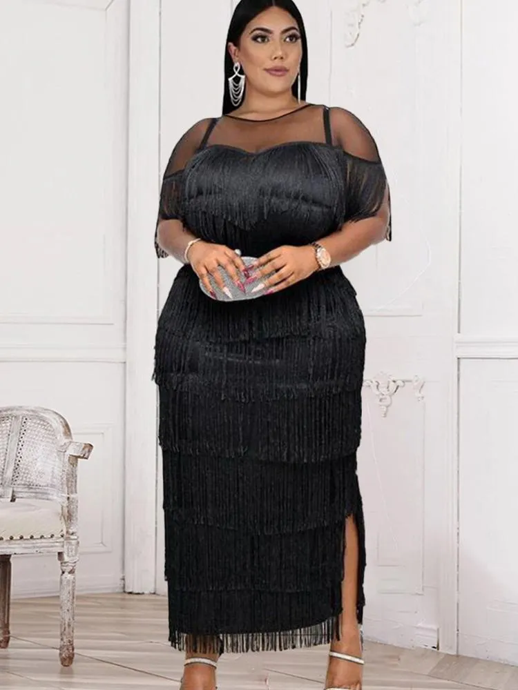 Plus size jurken Elegant Tassel Long Bodycon TuLle Patchwork Curvy Vrouwen kleding Verjaardag Evening Party Event Jurkens Dressplus