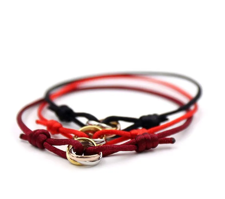 Moda donna amante braccialetto fatto a mano rosso nero corda braccialetto catena fascino titanio acciaio inossidabile tre cerchi bracciali per ragazze regalo