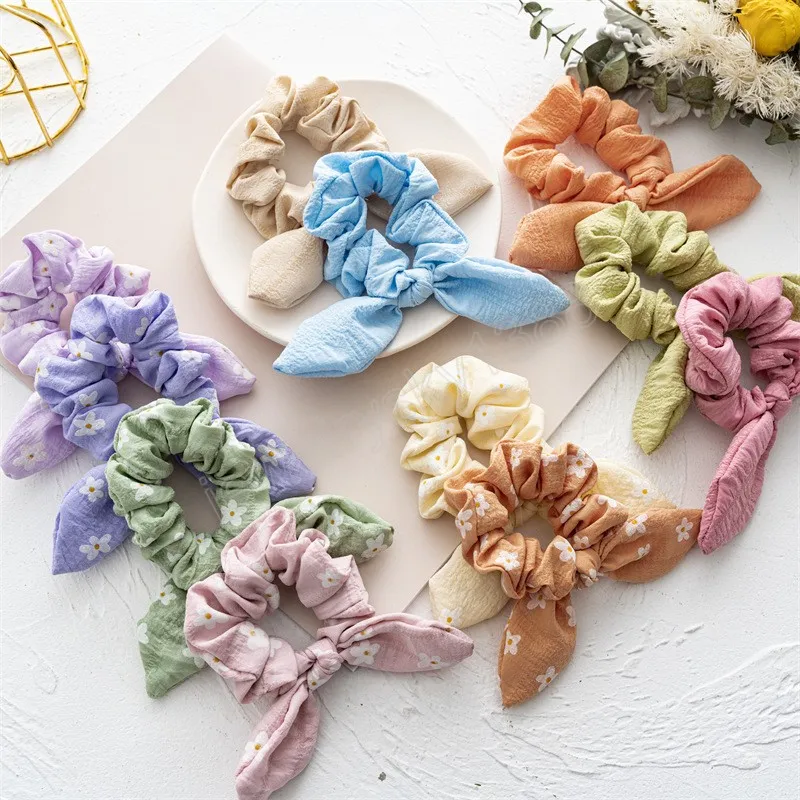 Liten Daisy Solid Color Scrunchies Rabbit Ears Girls Hair Bands Pastoral Style Elastic Rubber Hair Accessories