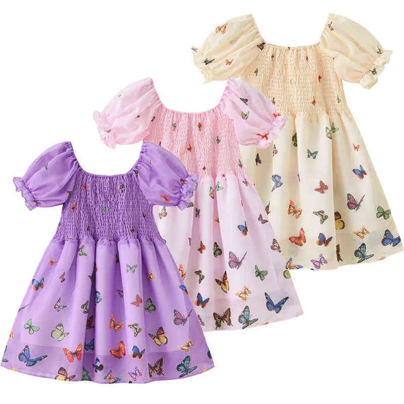 2022 New Baby Girl Summer Puff Sleeve Tulle Dress Cute Cartoon Butterfly Print Kids Dresses Clothes Children Casual Vestido Gift G220518