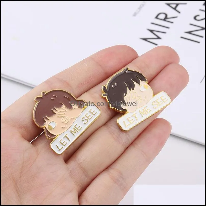 european couples head model brooches english let me see letter  pins unisex enamel cartoon badge clothes jewelry accessories