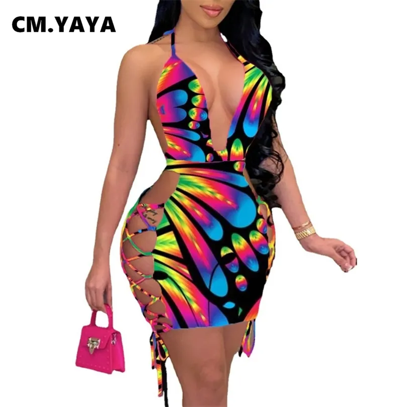 CM.Yaya Kadınlar Mini Elbise Baskı Yuarı Sırtsız Bandaj Bodycon Elbiseler Seksi Moda Gece Küpe Giyim Yaz Kıyafetleri 220516