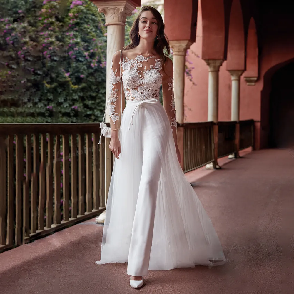 Vestido de novia de mono moderno con tren desmontable boho con traje de vestir de novia Mariee manga larga