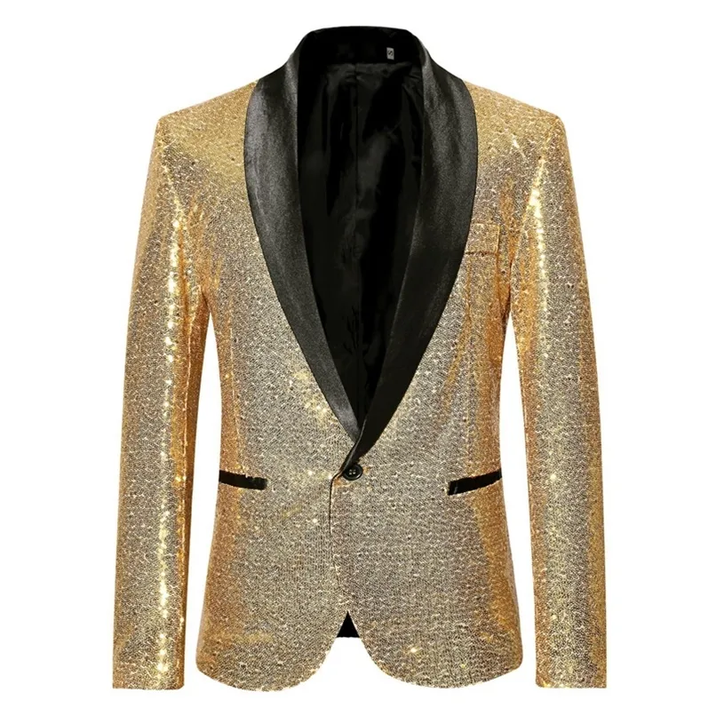 Heren Shiny Gold Sequin Glitter Blazer Jas Mode Sjaalkraag Een Knop Pak Blazer Mannen Podium Zanger Kostuum Homme 220514