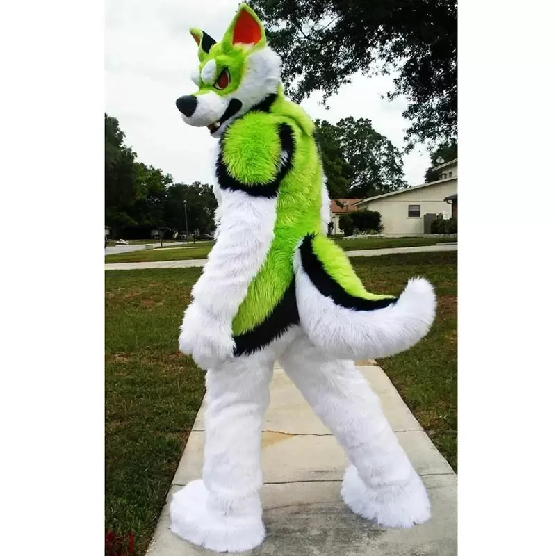 2022 Long Fur Green White Husky Dog Mascot Costume High quality Cartoon Anime theme character Adults Size Christmas Carnival Birthday Party Outdoor Outfit