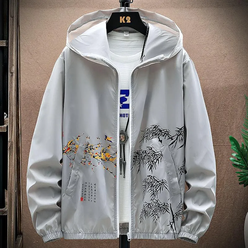 Men's Jackets Summer Hong Kong Style Hooded Color Print Versatile Sunscreen Coat Men's Fashion Jacket Thin Male M-3XL F06Men's