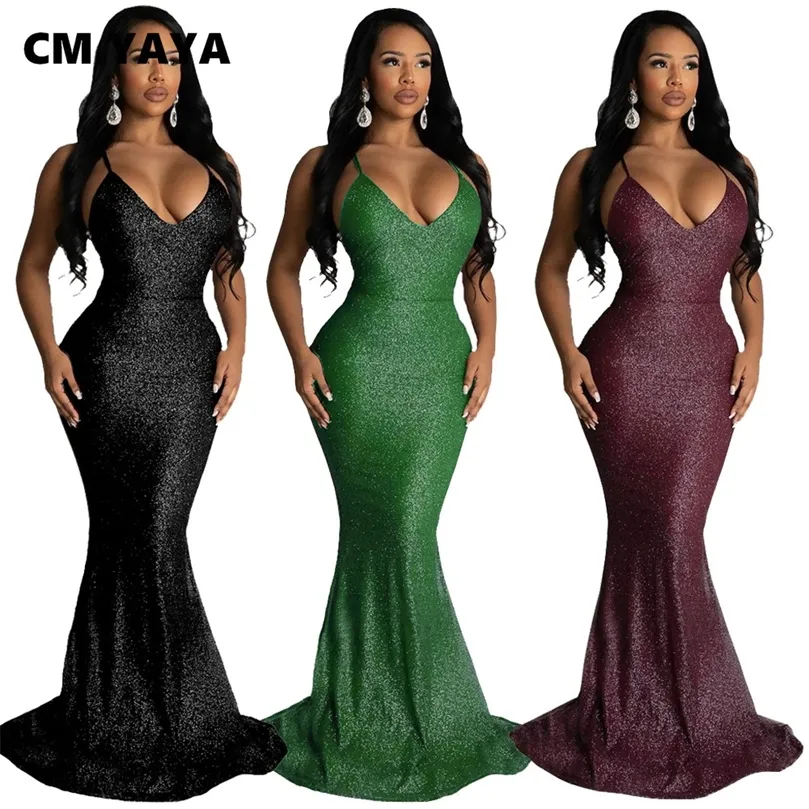 CM.YAYA Fashion Trumpet Mermaid Solid Sleeveless Spaghetti Strap Floor-length Maxi Dresses Women Sexy Skinny Vestido Feminino 220516