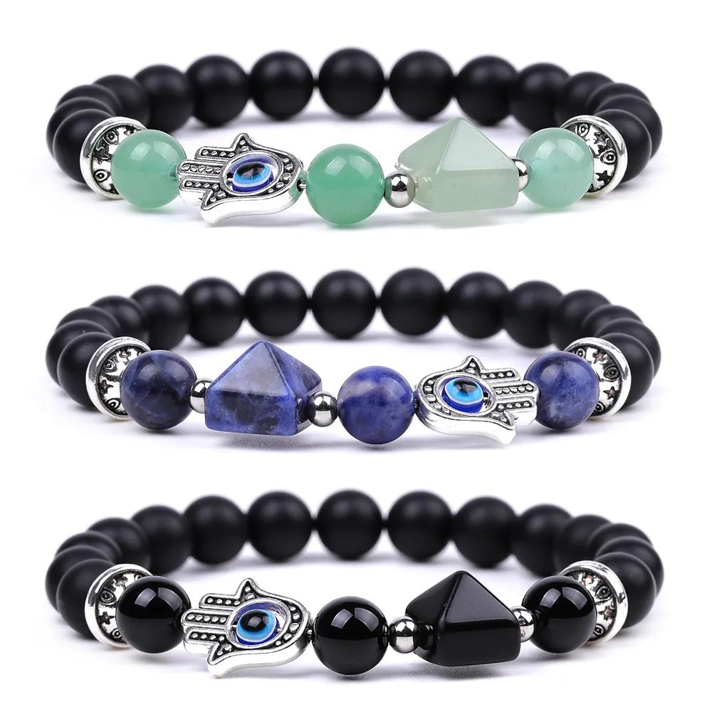 Silver Hand Evil Eye Healing Crystal Pyramid Beads Bracelets for Women Men Strands Reiki Positive Energy Gemstone Bangle Chakra Orgone Matte Onyx Jewelry