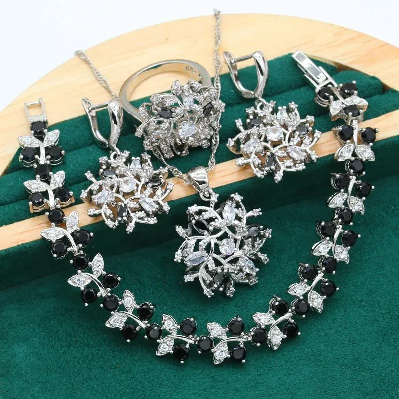 Pendientes, collar, boda, color plata, conjunto de joyas para mujer, lujoso, negro, blanco, circón, pulsera, anillo colgante, regalo de Navidad, pendientes