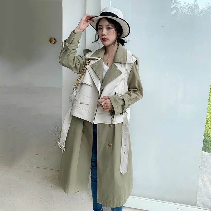 LANMREM donna autunno doppiopetto gilet rimovibile color block patchwork trench in pelle PU giacche di media lunghezza 201030