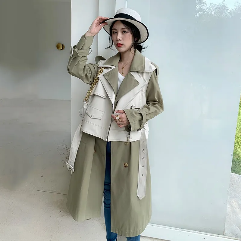 Lanmrem dames herfst dubbele schorte verwijderbare vest kleurblok patchwork pathwork pu lederen trench jas midlengte jassen 201030