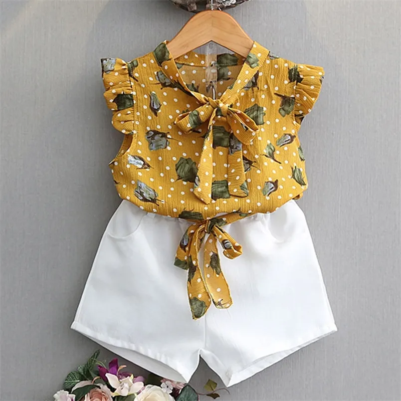 Çiçek kızlar set bebek yaz kıyafetleri kolsuz yaprağı polka nokta yay üst şort 2 adet çocuk kız kıyafetleri 220620
