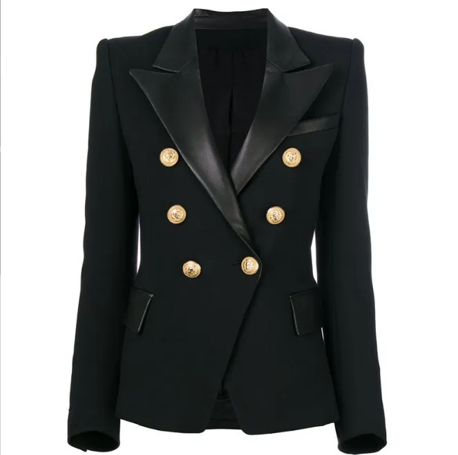 Премиум новый стиль Пиджаки высшего качества Оригинальный дизайн Женская двубортная тонкая куртка Пиджак с металлическими пряжками Черный кожаный воротник Пиджаки Таблица размеров
