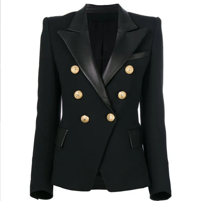 Novo Estilo Premium Blazers de Alta Qualidade Design Original Jaqueta Feminina Feminina Abotoada Feminina com Fivelas de Metal Blazer Colar de Couro Preto Outwear Tabela de Tamanhos