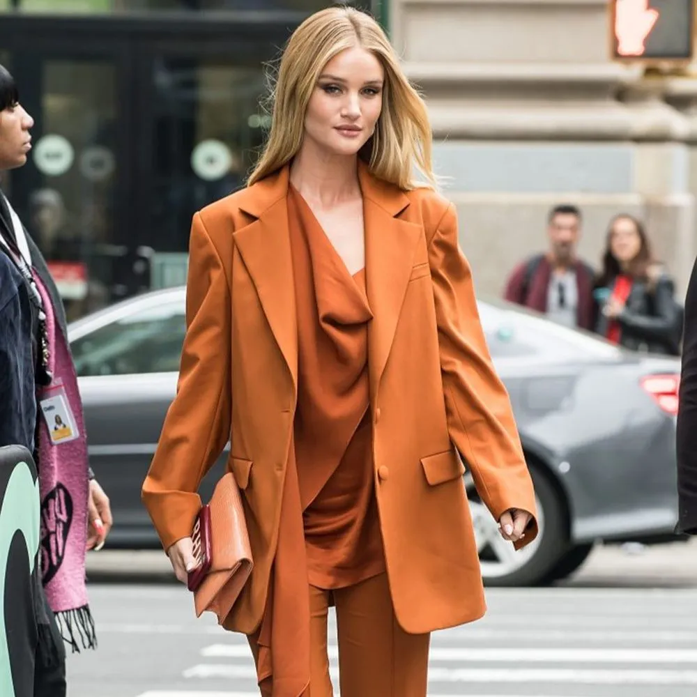 Zwei Stücke Orange Damen Blazer Anzüge 2022 Elegantes Brautjungfernkleid Solide Damen Oversize Outfits Anpassen Jacke Hose