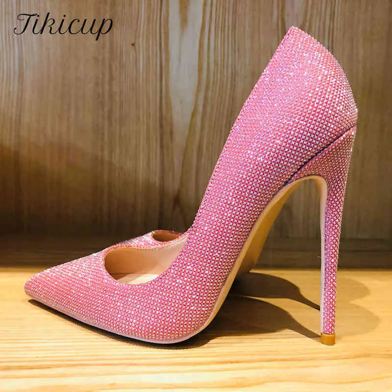 Tikicup Pink Sparkly Bling Women Wedding High Heel Shoes 12cm 10cm 8cm Customize Lady Shiny Pumps Dress Plus Size 33-45220513