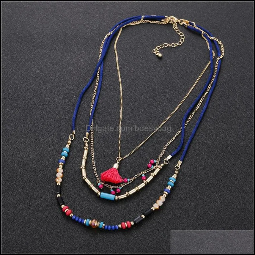 bohemian fashion ethnic style multi layer rice bead chain tassel pendant holiday necklace zemz