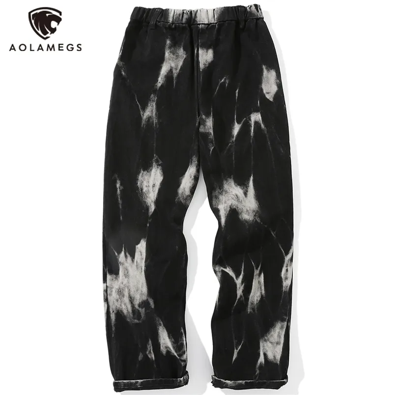 Aolamegs Jeans Men Tie Dye Print Style Denim Pants Baggy Elastic Waist Straight Trousers High Street Punk Cool Streetwear 220712