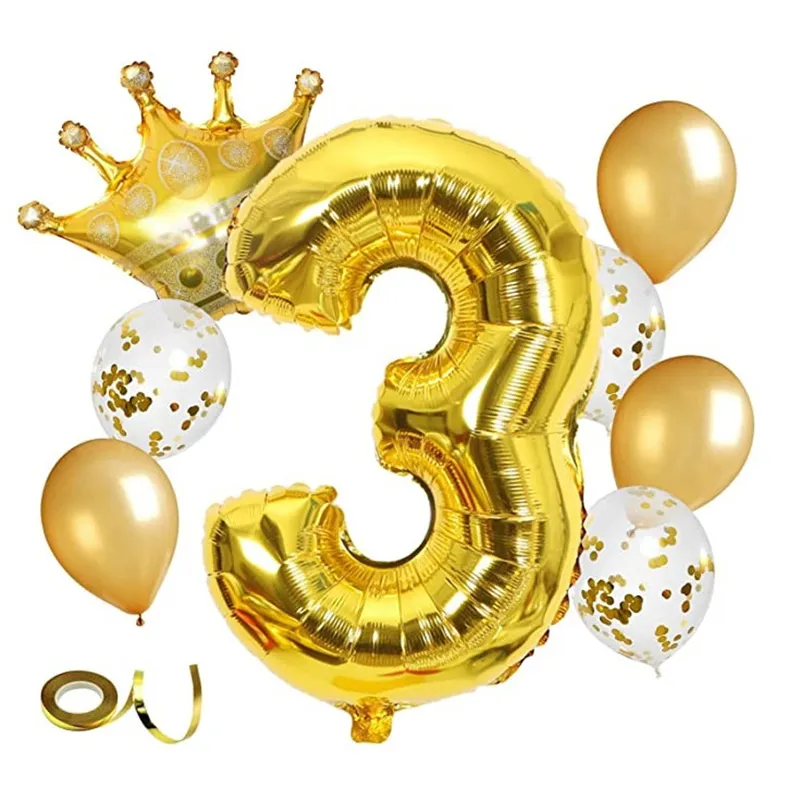 Crown Number Balloon Set Confetti Foil Mylar Digital Balloon Birthday Graduation Anniversary Party Celebration Supplies MJ0743