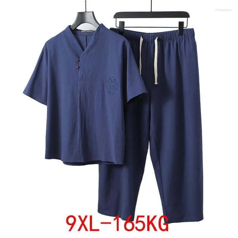 Tute da uomo Abbigliamento di grandi dimensioni Marito 2022 Estate Blu Abito da casa T-shirt di lino Moda maschile Set cinese 8XL 9XL